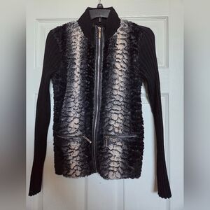 Black and Gray Faux Fur Zip-Up Jacket